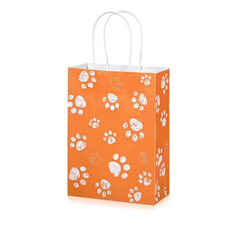 Bolsas de papel kraft con asa de rayas rosas y blancas / estampado de zarpa de animal / serie de colores sólidos